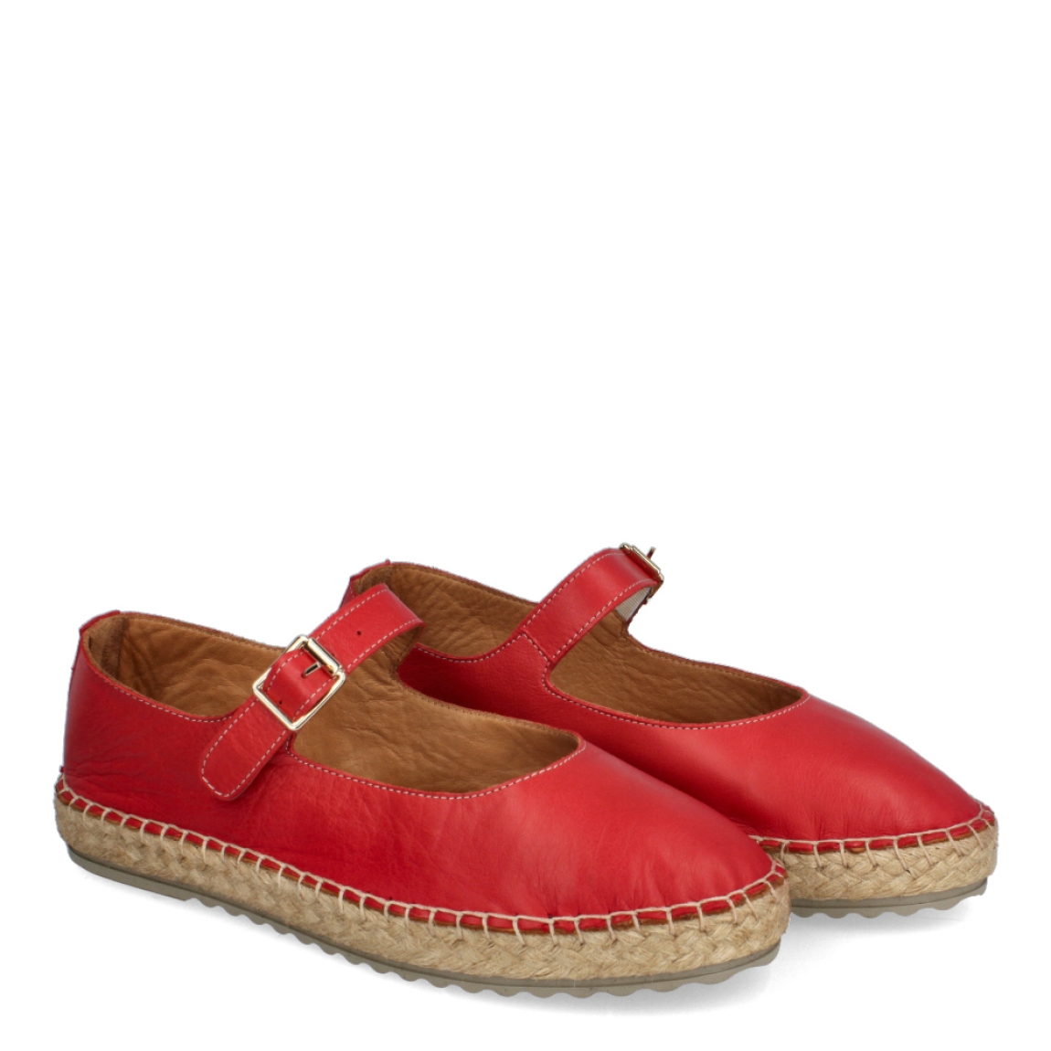 Merceditas de la marca Isteria, modelo OFELIA. Exterior de las merceditas en piel color rojo. Interior en piel colro camel. Cierre de las merceditas Isteria con hebilla y suela plana. Estas merceditas Isteria OFELIA son unas clásicas en tu armario de temporada. No te pueden faltar.