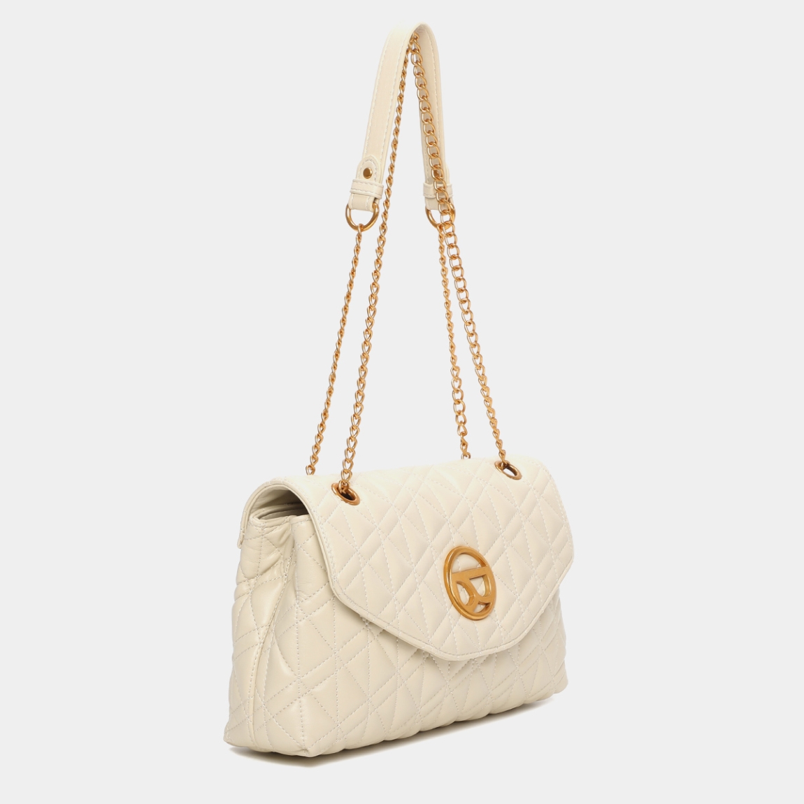 Bolso de la marca Binnari, modelo ELLA. Bolso elaborado en piel color beig con logo en la parte delantera. Interior con compartimentos y bolsillo. Cierre del bolso con botón. El asa es ajustable y es de polipiel en el hombro y el resto de eslavones de color oro viejo. Medidas del bolso: alto 16cm y ancho 26cm. Este bolso es un complemento ideal para tus looks.