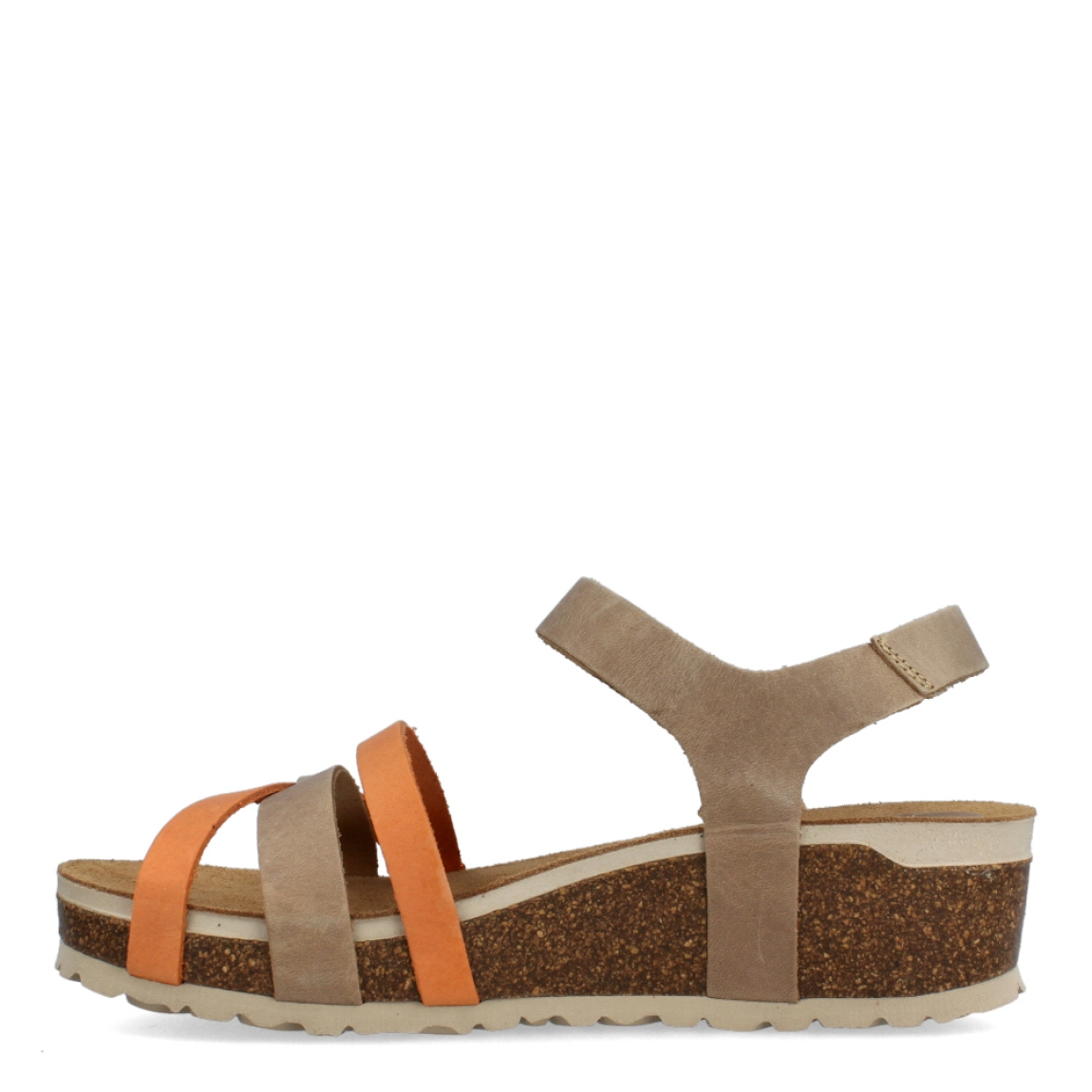 Sandalias de la marca Inter Bios, modelo MIA. Sandalias con tiras elaboradas en piel color naranja. Cierre de las sandalias con velcro y suela de goma con cuña de 4cm de altura. Estas sandalias Inter Bios MIA son ideales para elevar tus looks con la comodidad máxima que necesitas en tu día a día.