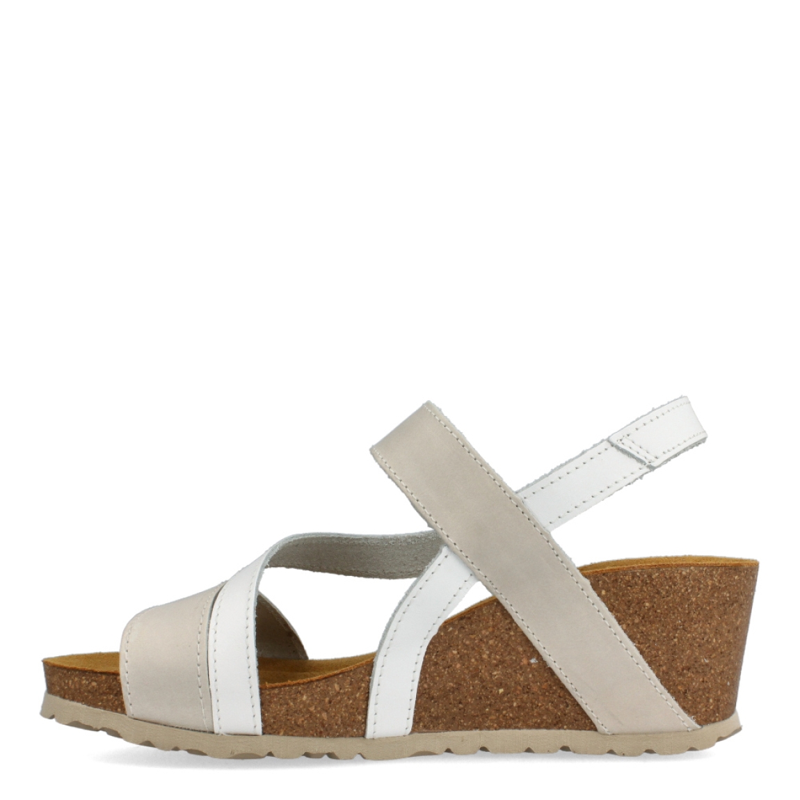 Sandalias de la marca Inter Bios, modelo SARA. Sandalias de tiras elaboradas en piel color gris con detalles en blanco. Cierre de las sandalias con velcro y suela de goma con cuña de 6cm de altura. Estas sandalias Inter Bios SARA son ideales para elevar tus looks con la comodidad que necesitas en tu día a día.