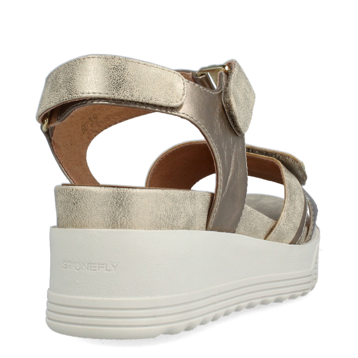 Sandalias de la marca Stonefly, modelo LUA. Sandalias elaboradas en piel color platino. Cierre con triple velcro, en pala, empeine y talón. Sandalias Stonefly con cuña de 6cm de altura. Estas sandalias Stonefly LUA son un complemento clásico, que ofrece una comodidad máxima a donde vayas esta temporada.