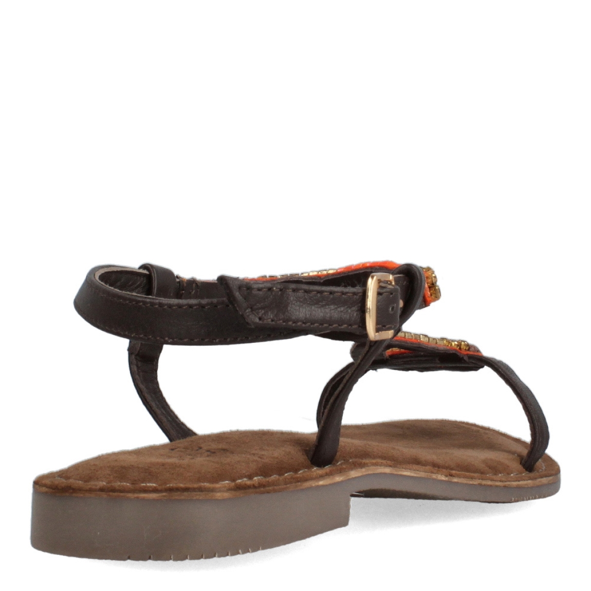 Sandalias de la marca Itse, modelo ELOISE. Exterior en piel color marrón con piedrería en naranja, dorado y marrón. Interior en ante color marrón. Cierre con hebilla y suela plana. Estas sandalias Itse ELOISE son un complemento que destacará tus looks de temporada y te ofrecerá la comodidad máxima que necesitas en el día a día.