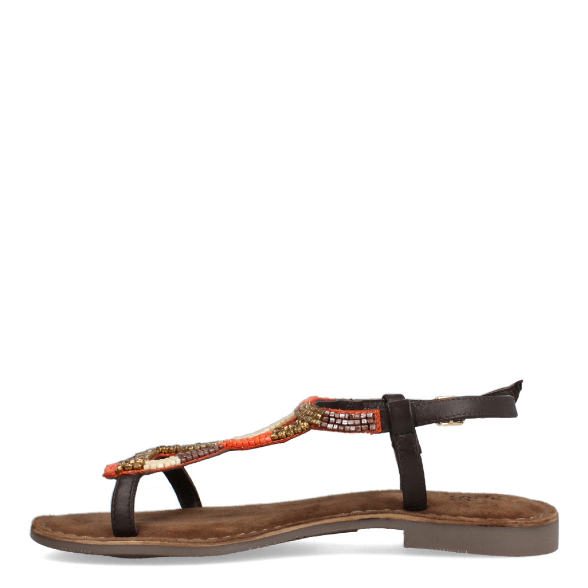 Sandalias de la marca Itse, modelo ELOISE. Exterior en piel color marrón con piedrería en naranja, dorado y marrón. Interior en ante color marrón. Cierre con hebilla y suela plana. Estas sandalias Itse ELOISE son un complemento que destacará tus looks de temporada y te ofrecerá la comodidad máxima que necesitas en el día a día.