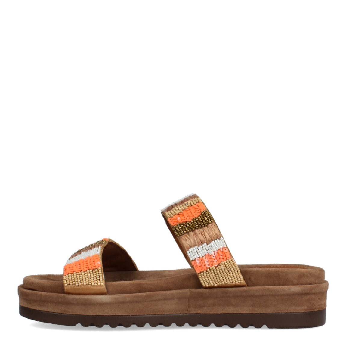 Sandalias de la marca Itse, modelo NANCY. Exterior de las sandalias en piel con dos tiras con detalles de piedrerías multicolor. Interior de las sandalias en ante color marrón y plataforma de 3cm de altura. Estas sandalias Itse NANCY son un complemento ideal para destacar tus looks de temporada, y sobre todo, disfrutar de una comodidad absoluta!