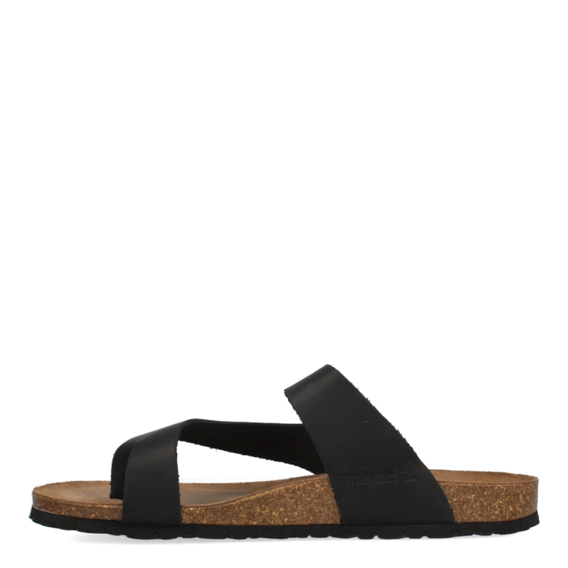 Esclavas de la marca Inter Bios, modelo LUGO. Esclavas elaboradas en piel color negro. Cierre con hebilla y suela de goma plana. Estas sandalias Inter Bios LUGO es un esencial para tus looks de temporada.