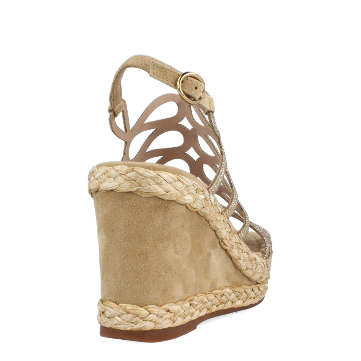 Sandalias de la marca Alma en Pena, modelo LARA. Exterior de las sandalias en ante color marrón con brillantes. Interior de las sandalias en ante color marrón. Cierre de las sandalias Alma en Pena con hebilla en el tobillo. Sandalias con cuña de 8cm de altura con detalle en rafia trenzada. Estas sandalias Alma en Pena LARA tiene un diseño exclusivo que te dará estilo y comodidad a donde vayas.