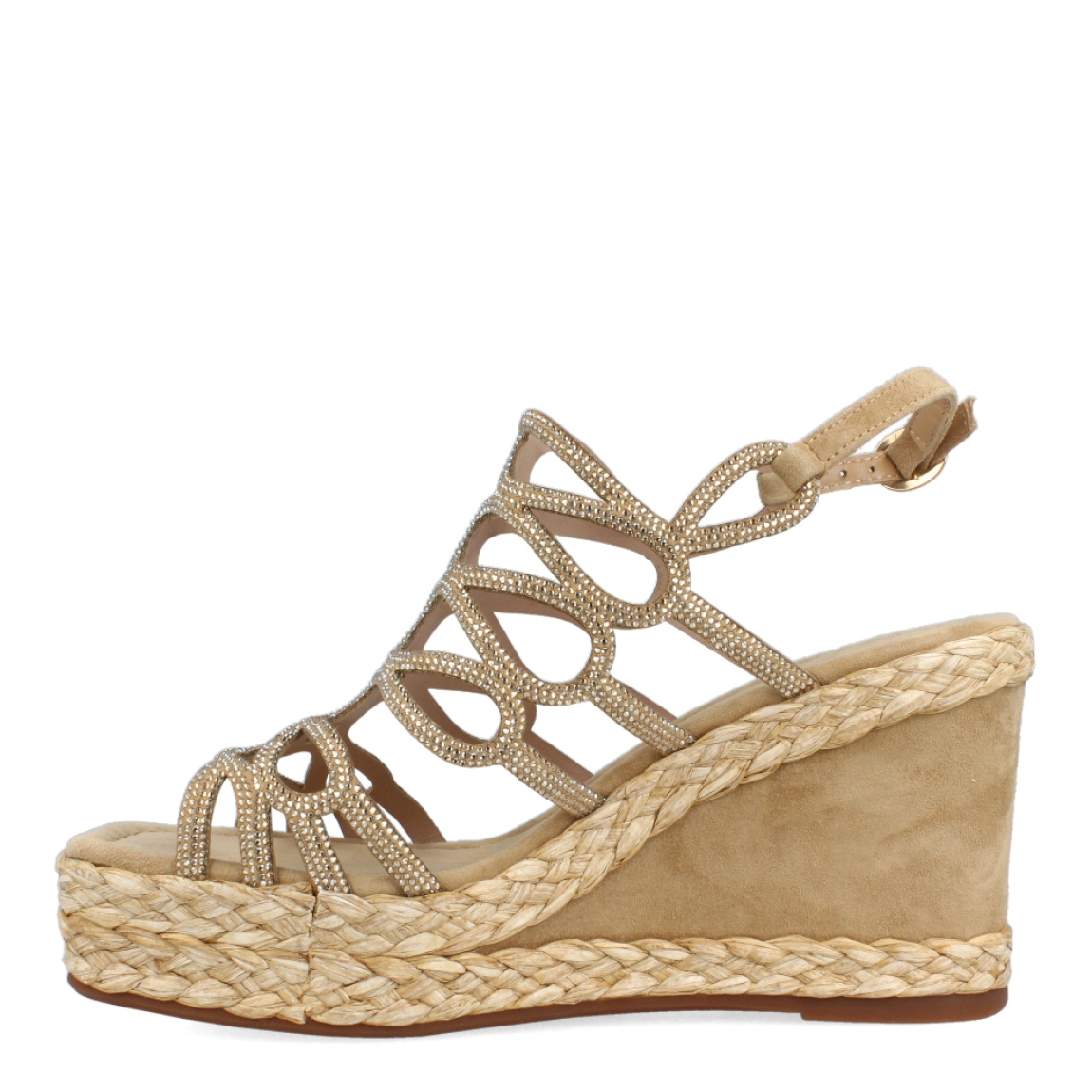 Sandalias de la marca Alma en Pena, modelo LARA. Exterior de las sandalias en ante color marrón con brillantes. Interior de las sandalias en ante color marrón. Cierre de las sandalias Alma en Pena con hebilla en el tobillo. Sandalias con cuña de 8cm de altura con detalle en rafia trenzada. Estas sandalias Alma en Pena LARA tiene un diseño exclusivo que te dará estilo y comodidad a donde vayas.