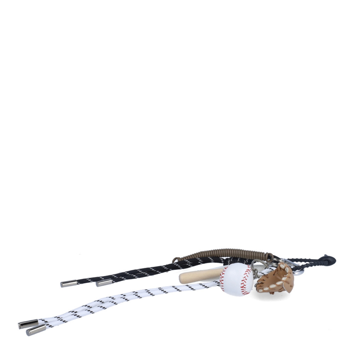 Charm de la marca MUNNÉ, modelo BÉISBOL. Formado por mini accesorios que aportan personalidad al bolso que lo añadas. Continee mini bate de béisbol, guante y pelota de béisbol, mosquetón en formade corazón, cuerda con nudo blanca y negra, mosquetón con resorte marrón y placa con mensaje. Complemento perfecto para tus bolsos.