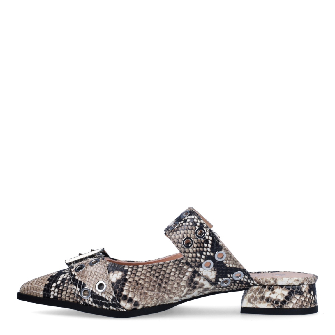 Zuecos de la marca Munné, modelo BROOKLYN. Exterior en piel animal print serpiente con punta lápiz. Interior en piel nude. Cierre con doble hebilla en pala. Zuecos con tacón de 2cm de altura. Estos zuecos Munné BROOKLYN son una tendencia, ideales para marcar estilo y disfrutar de una comodidad plena!