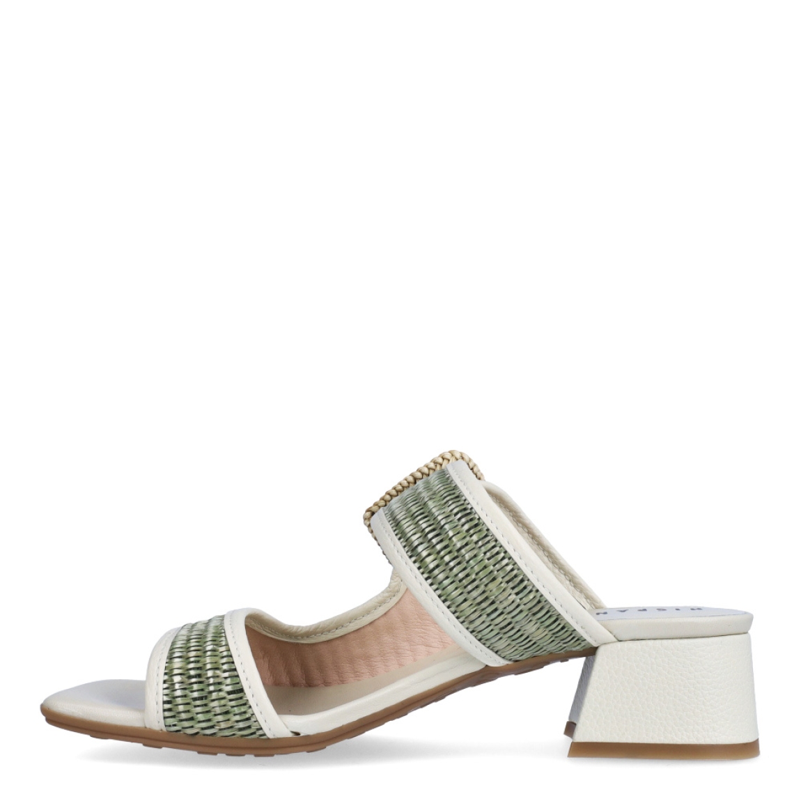 Sandalias de puntera plana de la marca Hispanitas, modelo ANNE. Exterior de las sandalias en rafia color verde. Interior de los mocasines en textil color blanco. Sandalias Hispanitas con cierre de hebilla y tacón de 4cm de altura. Estas sandalias Hispanitas ANNE, son el complemento perfecto para tus looks de temporada, te darán estilo y comodidad sin duda!