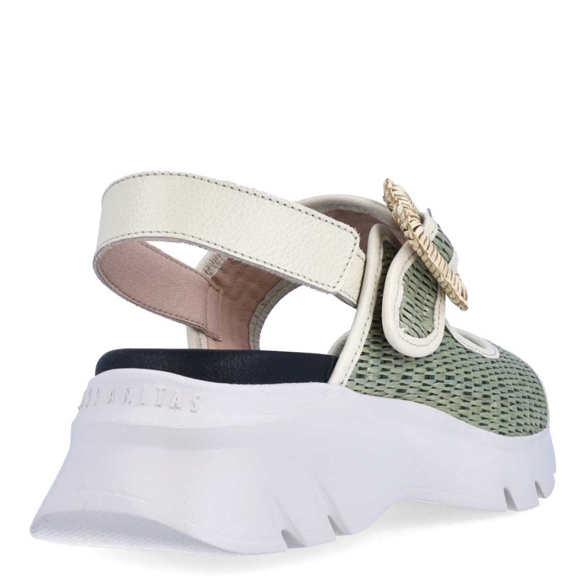 Sandalias de la marca Hispanitas, modelo LINA. Exterior de las sandalias en rafia color verde. Interior de las sandalias en piel color negro. Sandalias Hispanitas con cierre de velcro en tobillo y hebilla en pala. Sandalias con cuña de 4cm de altura. Estas sandalias Hispanitas LINA, son el complemento perfecto para tus looks de temporada, te darán estilo y comodidad sin duda!