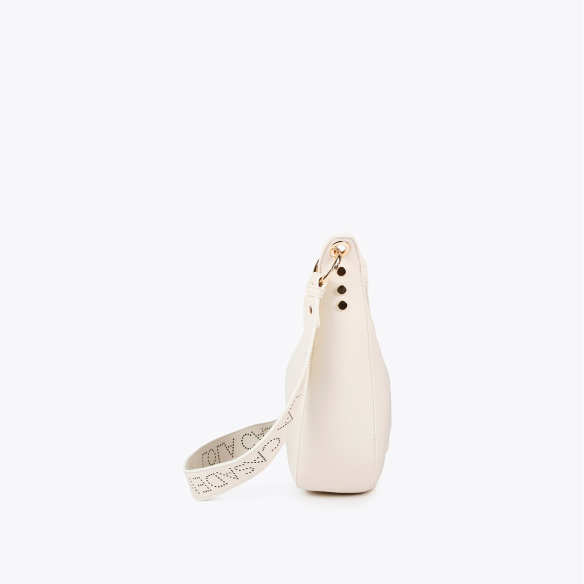 Bolso bandolera mini hobo de la marca Lola Casademunt, modelo ANAHI. Exterior en efecto piel color blanco y detalles de tachuelas planas. Contiene compartimento interior y asa bandolera troquelada. Cierre con cremallera.ALTO: 21 cm - LARGO: 38 cm - ANCHO: 10 cm / BANDOLERA: 87 cm
