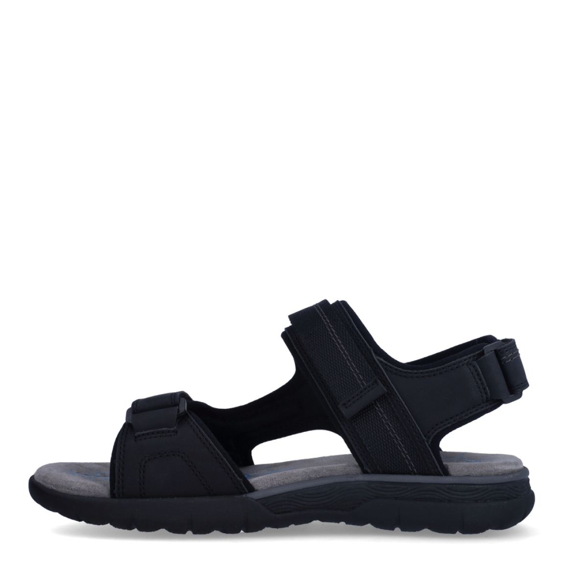 Sandalias de la marca Geox, modelo U55. Exterior en neopreno de color negro. Interior en neopreno color gris con plantilla acolchada para máxima comodidad. Cierre de sandalias Geox con triple velcro, en pala y tobillo. Suela plana. Estas sandalias Geoz U55 son el complemento perfecto para tus looks de temporada en el día a día!