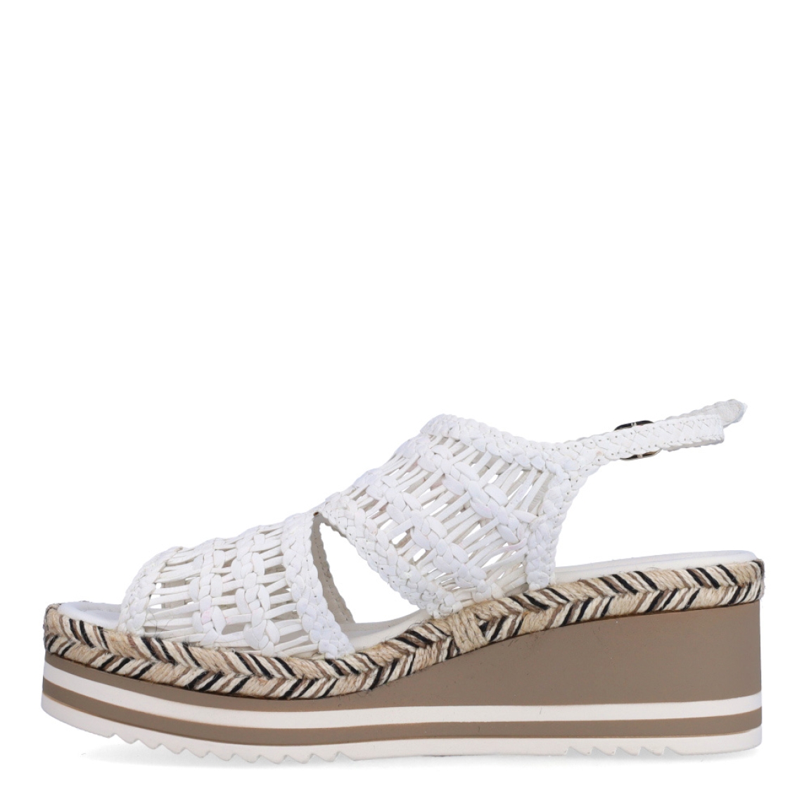 Sandalias de la marca Pons Quintana, modelo ATENEA. Exterior en piel trenzada de color blanco. Interior en piel color blanco. Cierre de sandalias Pons Quintana con hebilla en tobillo y cuña de 6cm de altura. Estas sandalias Pons Quintana ATENEA son ideales para esta temporada!