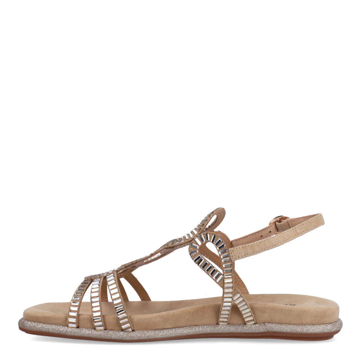 Sandalias de la marca Alma en Pena, modelo IVET. Exterior de las sandalias en ante color camel con detalles circulares de brillantes en la pala. Interior de las sandalias en ante color camel. Cierre con hebilla y suela plana. Estas sandalias Alma en Pena IVET son un complemento ideal para darle un estilo innovador a tus looks y sobre todo disfrutar de una comodidad máxima gracias a su ligereza.