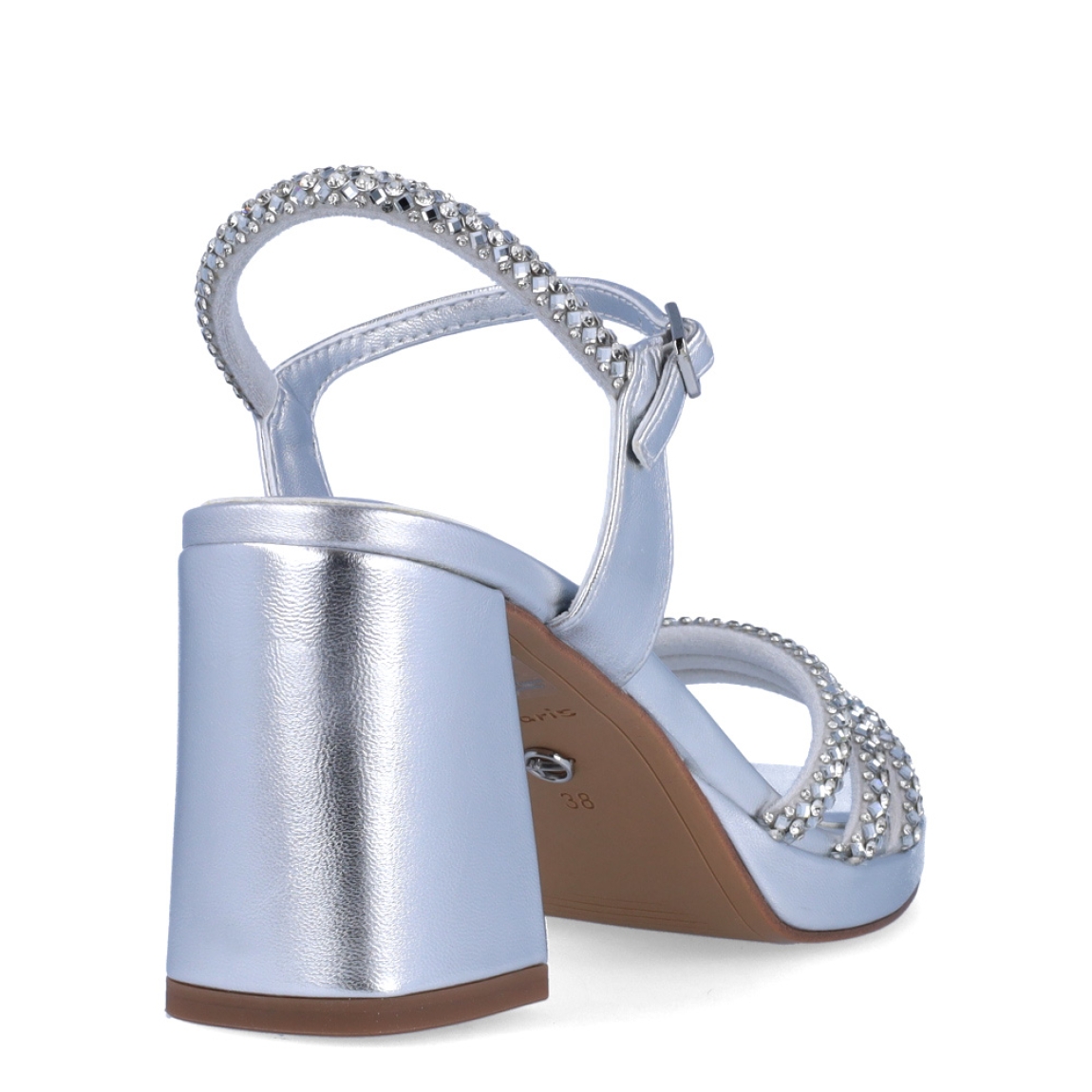 Sandalias de la marca Tamaris, modelo GIA. Exterior en piel color plata con tiras en pala y talón con aplicaciones de pedrería brillante. Interior en piel color plata. Cierre de sandalias Tamaris con hebilla en tobillo. Sandalias con tacón de 7cm de altura. Estas sandalias Tamaris GIA son ideales para las ocasiones especiales, te ayudarán a crear y estilizar diferentes looks!