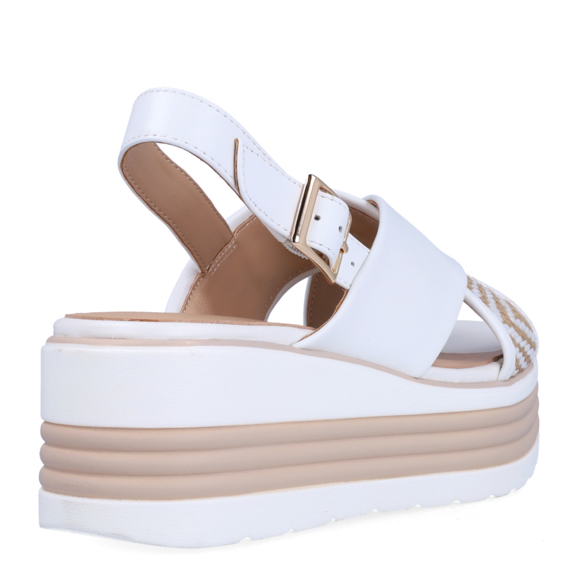 Sandalias de la marca Regarde Le Ciel, modelo SHEYLA. Exterior en piel color blanco, con pala cruzada y estampado. Interior en piel color nude. Cierre de sandalias Regarde Le Ciel con hebilla en tobillo y cuña de 6cm de altura. Estas sandalias Regarde Le Ciel SHEYLA es un complemento clásico de temporada, ideal para tu día a día!
