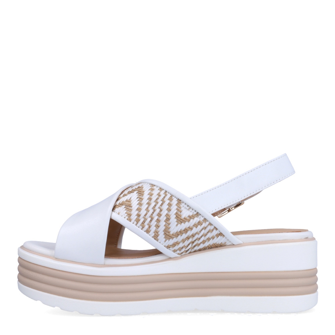 Sandalias de la marca Regarde Le Ciel, modelo SHEYLA. Exterior en piel color blanco, con pala cruzada y estampado. Interior en piel color nude. Cierre de sandalias Regarde Le Ciel con hebilla en tobillo y cuña de 6cm de altura. Estas sandalias Regarde Le Ciel SHEYLA es un complemento clásico de temporada, ideal para tu día a día!