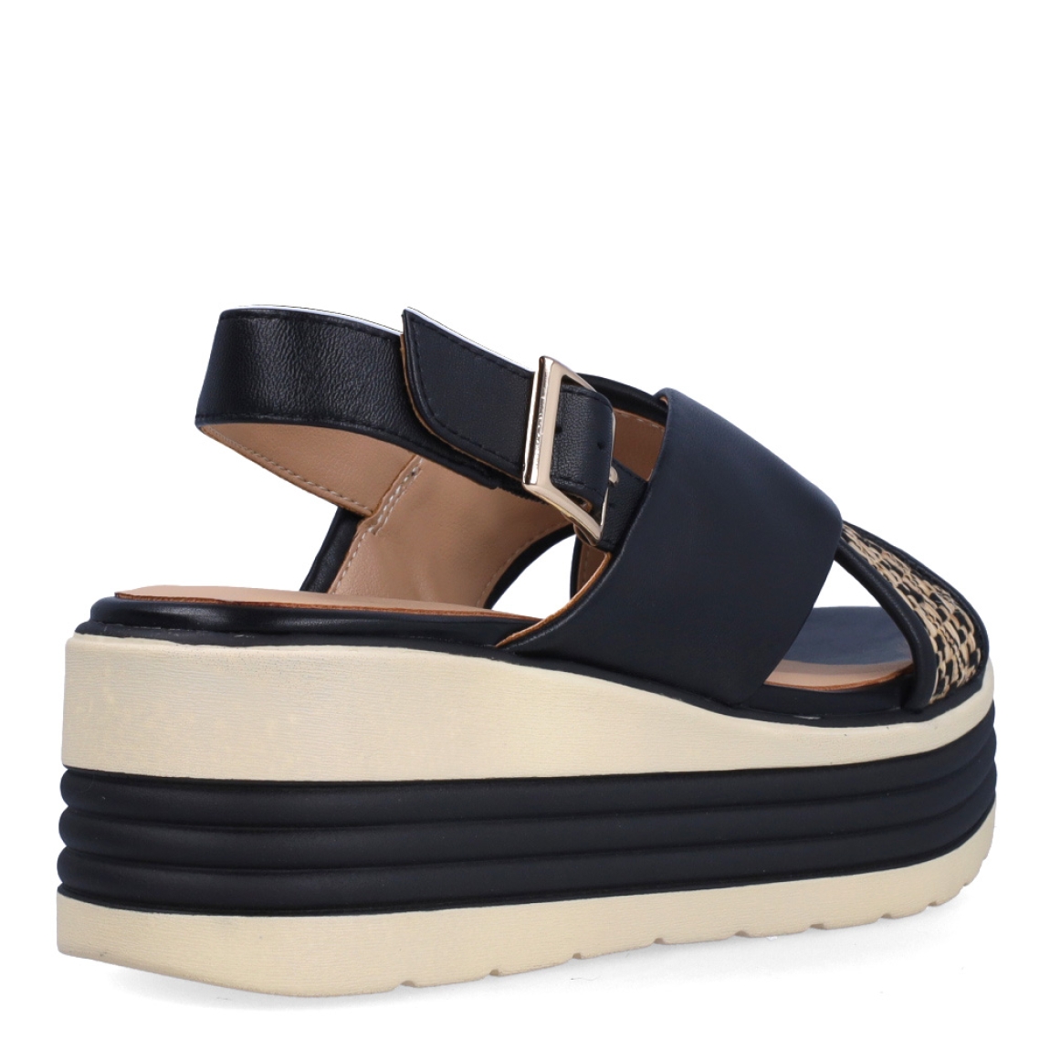 Sandalias de la marca Regarde Le Ciel, modelo SHEYLA. Exterior en piel color negro, con pala cruzada y estampado. Interior en piel color nude. Cierre de sandalias Regarde Le Ciel con hebilla en tobillo y cuña de 6cm de altura. Estas sandalias Regarde Le Ciel SHEYLA es un complemento clásico de temporada, ideal para tu día a día!