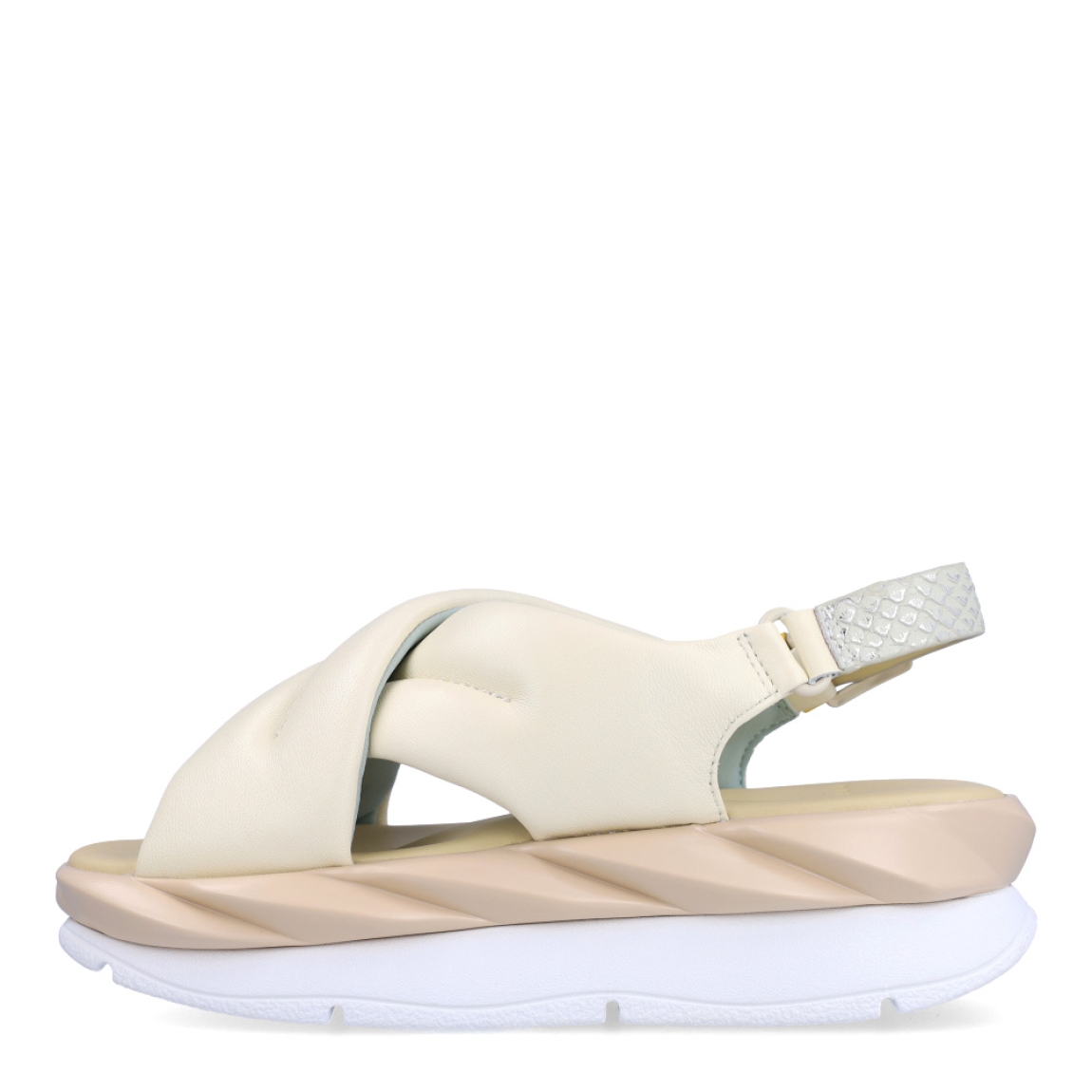 Sandalias de la marca 4CCCCEES, modelo MELLOW. Exterior de las sandalias en piel color blanco y pala cruzada. Interior de las sandalias en piel color beig. Cierre con hebilla en el tobillo color gris. Sandalias 4CCCCEES con plataforma de 4cm de altura con diseño ondulado color blanco y rosa. Estas sandalias 4CCCCEES MELLOW tiene el diseño perfecto entre originalidad y ligereza que te acompañará en tu día a día en esta temporada.