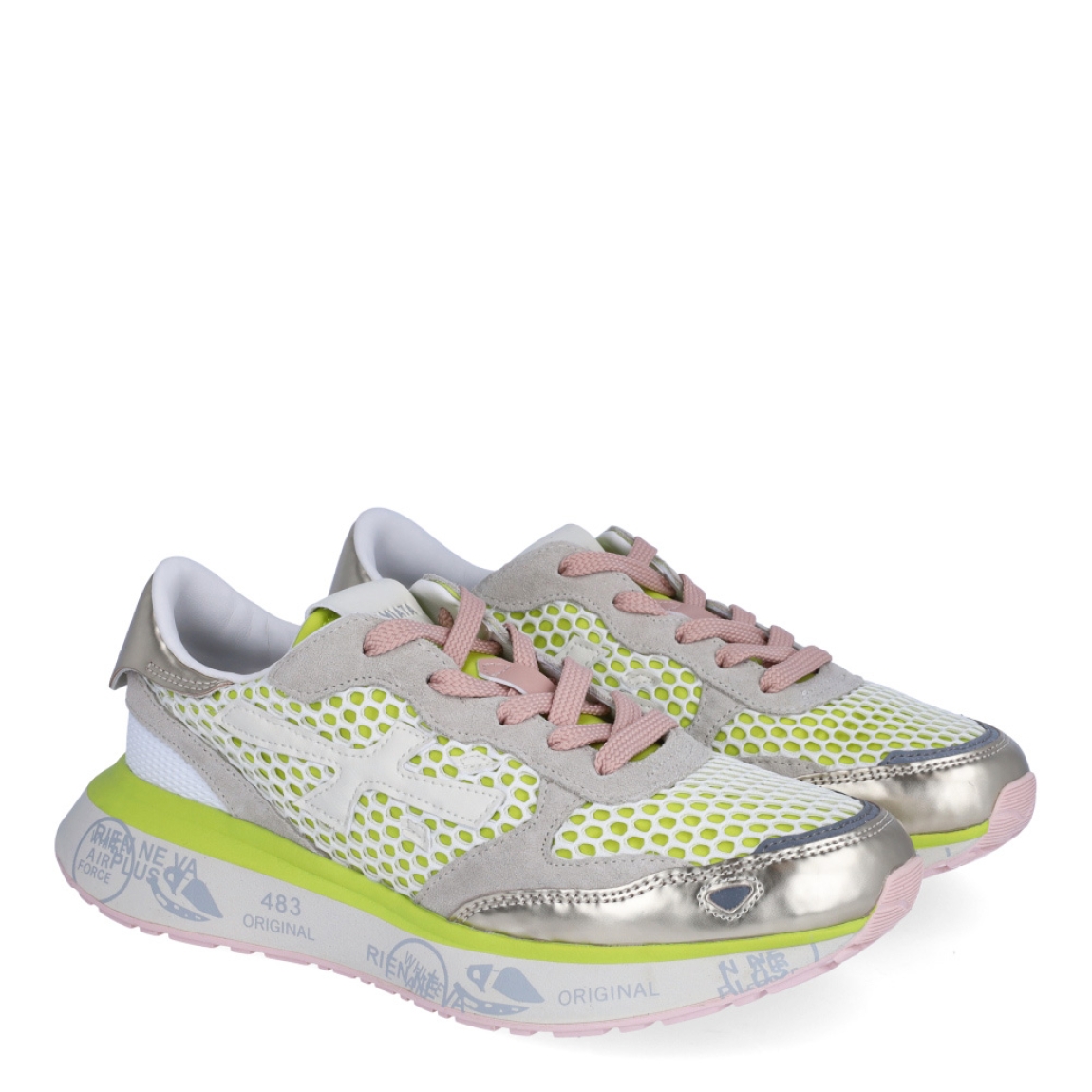 Deportivas de la marca Premiata, modelo LAURYN. Exterior de las deportivas en tela efecto rejilla color fluor con detalle del logo en color blanco y aplicaciones ante color beig. Interior de las deportivas en piel color blanco. Cierre de las deportivas Premiata con cordones. Deportivas con cuña de 3cm de altura. Estas deportivas Premiata LAURYN son un complemento ideal para tu armario de temporada!