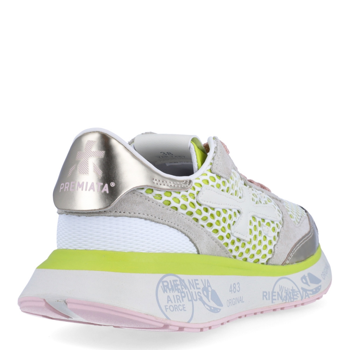 Deportivas de la marca Premiata, modelo LAURYN. Exterior de las deportivas en tela efecto rejilla color fluor con detalle del logo en color blanco y aplicaciones ante color beig. Interior de las deportivas en piel color blanco. Cierre de las deportivas Premiata con cordones. Deportivas con cuña de 3cm de altura. Estas deportivas Premiata LAURYN son un complemento ideal para tu armario de temporada!