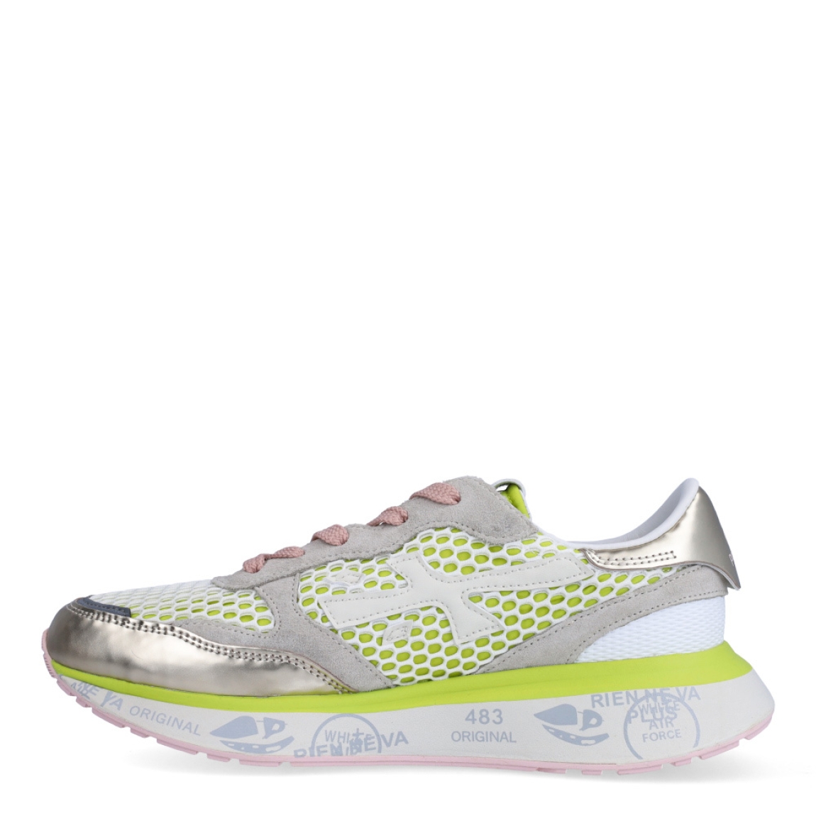 Deportivas de la marca Premiata, modelo LAURYN. Exterior de las deportivas en tela efecto rejilla color fluor con detalle del logo en color blanco y aplicaciones ante color beig. Interior de las deportivas en piel color blanco. Cierre de las deportivas Premiata con cordones. Deportivas con cuña de 3cm de altura. Estas deportivas Premiata LAURYN son un complemento ideal para tu armario de temporada!