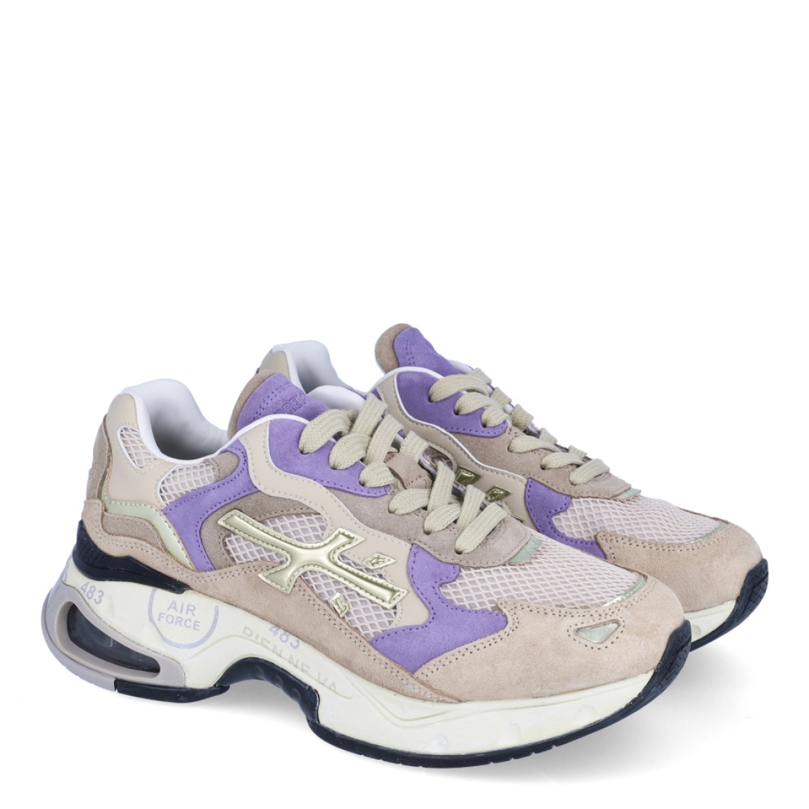 Deportivas de la marca Premiata, modelo SHARKYD. Exterior de las deportivas en ante y piel efecto rejilla color beig con detalle del logo en color dorado y aplicaciones ante color lila. Interior de las deportivas en piel color blanco. Cierre de las deportivas Premiata con cordones. Deportivas con cuña de 4cm de altura. Estas deportivas Premiata SHARKYD son un complemento ideal para tu armario de temporada!
