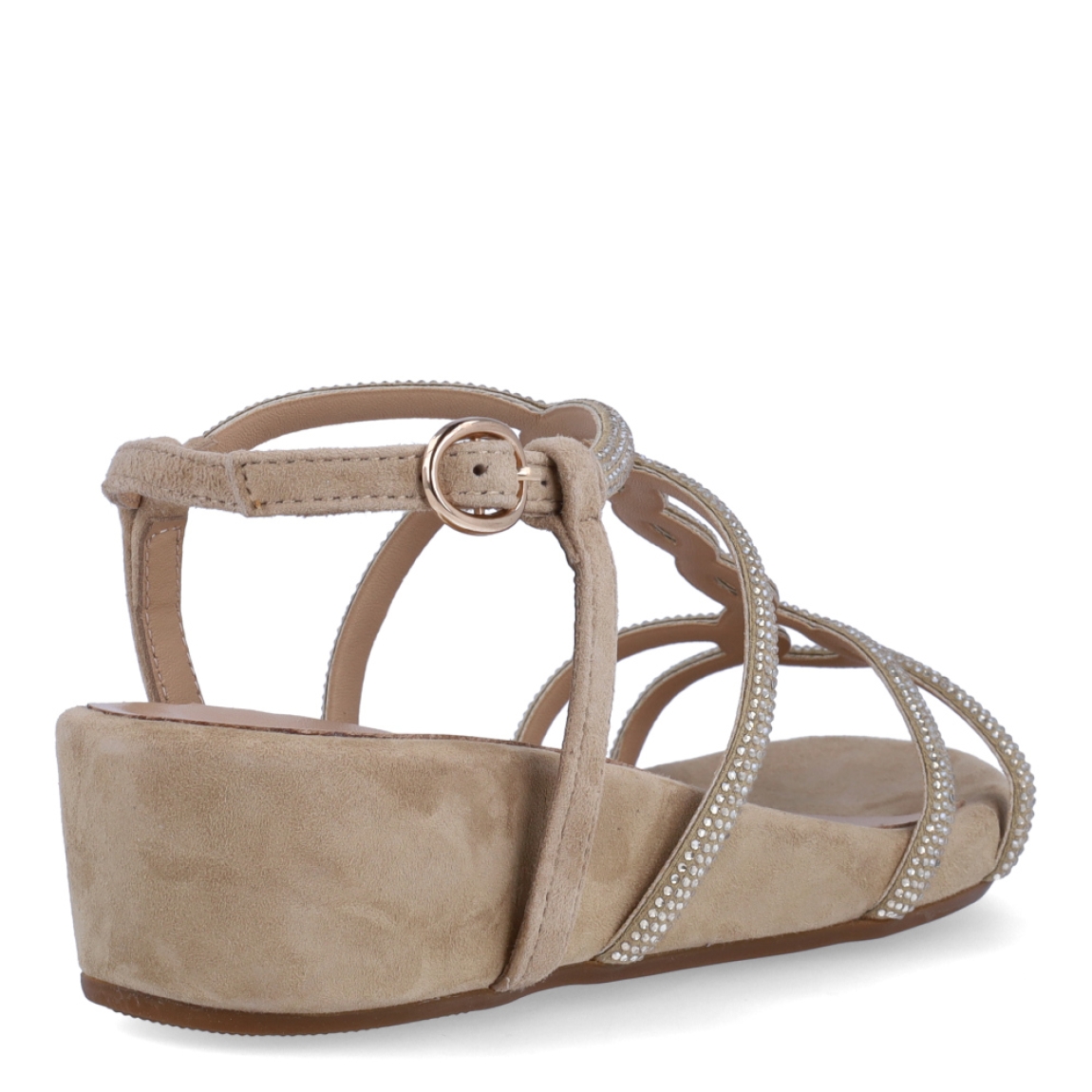 Sandalias de la marca Alma en Pena, modelo ELINA. Exterior en ante color camel con detalle de tiras cruzadas brillantes en pala. Interior en ante color camel. Cierre de las sandalias con hebilla en tobillo. Sandalias Alma en Pena con cuña de 4cm de altura. Estas sandalias Alma en Pena ELINA son un complemento ideal para lucir tus looks con estilo y comodidad esta temporada!
