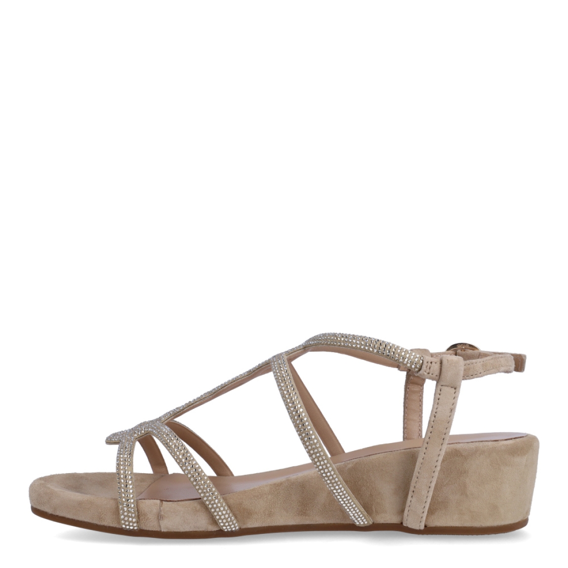 Sandalias de la marca Alma en Pena, modelo ELINA. Exterior en ante color camel con detalle de tiras cruzadas brillantes en pala. Interior en ante color camel. Cierre de las sandalias con hebilla en tobillo. Sandalias Alma en Pena con cuña de 4cm de altura. Estas sandalias Alma en Pena ELINA son un complemento ideal para lucir tus looks con estilo y comodidad esta temporada!