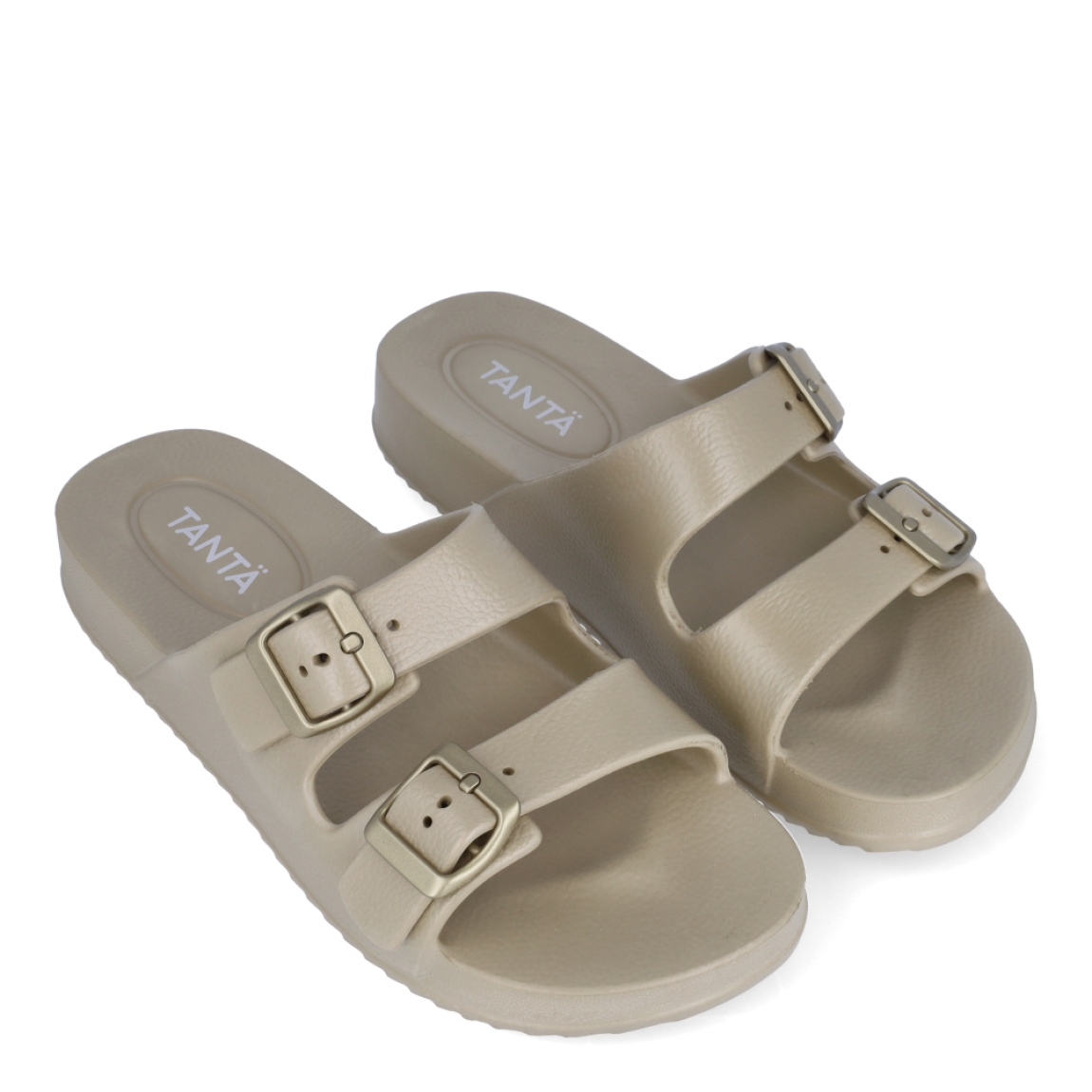 Sandalias clásicas de la marca Tanta, modelo T20. Exterior en goma color oro con dos hebillas en pala. Interior en goma color oro con estampado de logo. Sandalias co plataforma de 2cm de altura. Estas sandalias Tanta T20 son unas clásicas, ideales para llevarlas en tu día a día esta temporada!