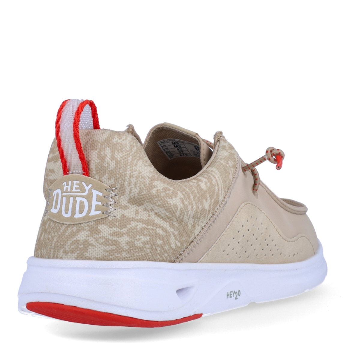 Náuticos de la marca Hey Dude, modelo WALLY HEY20. Exterior de los náuticos en tela color beig con detalles en naranja. Interior de los náuticos en tela con estampado beig y plantilla acolchada y extraíble. Cierre de los náuticos Hey Dude con cordones elásticos y suela plana de goma. Estos náuticos Hey Dude WALLY HEY20, son el complemento perfecto para esta temporada, los podrás lucir con la máxima comodidad posible.
