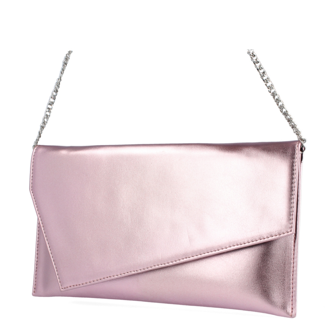 Bolso para eventos de la marca Munné, modelo VEGA. Bolso tipo cartera en piel vegana color rosa metalizado. Cierre del bolso con doble botón inmantado y asa de cadena. Medidas del bolso: alto 14cm y ancho 25cm, perfectas para llevar de mano y colgado cuando lo necesites. Este bolso de fiesta Munné VEGA es un clásico reinventado que te acompañará en tus eventos más especiales a juego con tus zapatos.