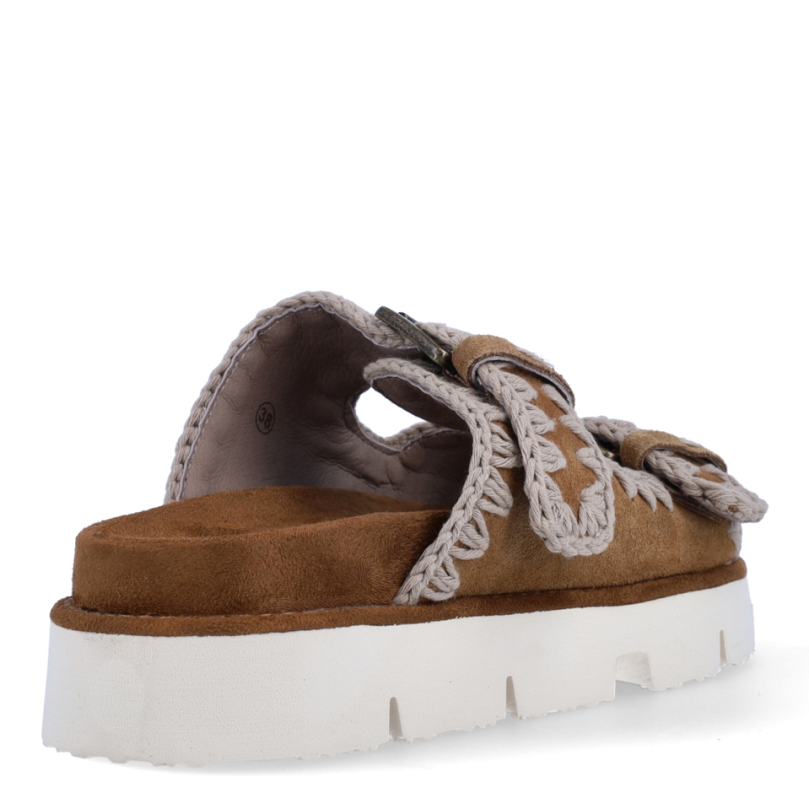 Sandalias Mou. modelo 10A. Estas elegantes sandalias bio est'an elaboradas de ante color marron con dos hebillas están fabricadas a mano con cuero de primera calidad y la característica costura de ganchillo de la marca. Este modelo cuenta con una ligera suela exterior de EVA y una plantilla acolchada de ante para mayor comodidad. Sandalias con plataforma de 3cm. Estas sandalias Mou 10A son ideales para esta temporada!