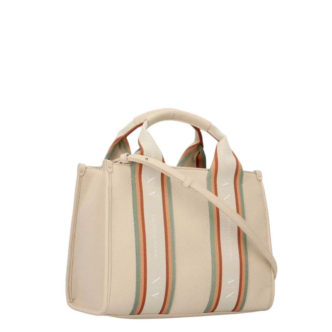 Bolso de la marca Armani Exchange, modelo VALLEY. Elaborado en piel color beig con rayas multicolor y estampado de marca. Cierre con cremallera, asas fijas y extraíbles. Incluye un práctico compartimento para el teléfono móvil, bolsillos interiores y un compartimento con cremallera de fácil acceso, cuyo cierre permite abrirlo y cerrarlo sin esfuerzo. Este elegante acompañante es perfecto para las amantes de la moda. Medidas: altura 22cm y ancho 29cm. Complemento resistente, este bolso Armani Exhchange promete durabilidad y robustez sin renunciar a la elegancia.