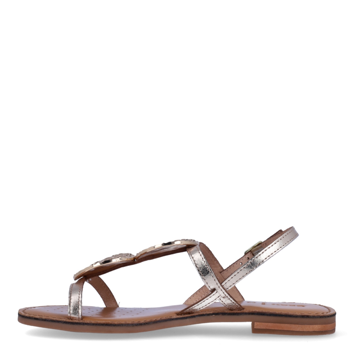 Sandalias de la marca Geox, modelo VIRGI. Exterior en piel color oro con aplicaciones de brillantes. Interior en piel color camel. Cierre de sandalias Geox con hebilla. Sandalias con suela plana. Estas sandalias Geox VIRGI son unas clásicas, que darán a tu look un estilo único!