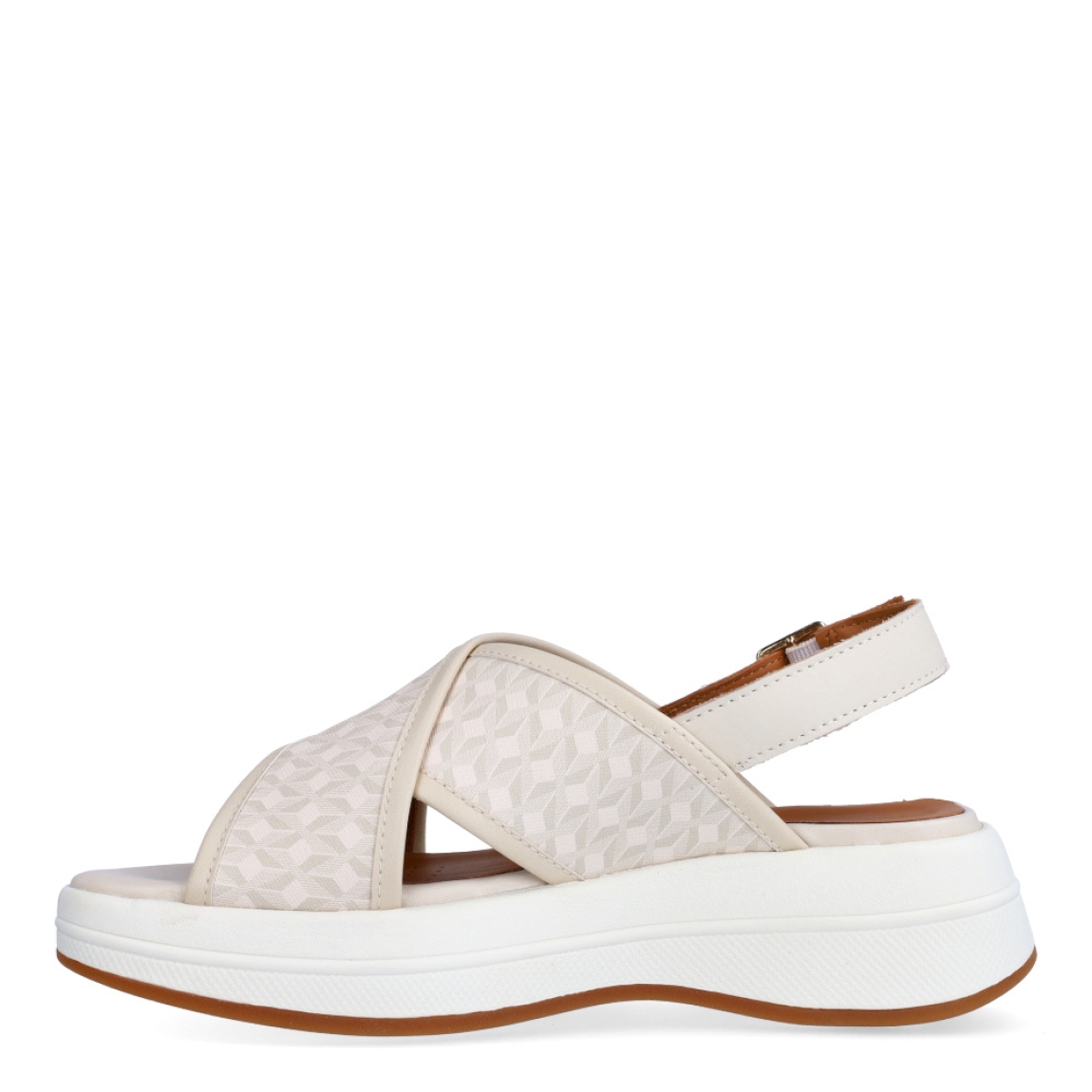 Sandalias de la marca Geox, modelo NORA. Exterior en piel color beig con tiras cruzadas con estampado.Interior en piel color camel. Cierre de sandalias Geox con hebilla. Sandalias con cuña de 4cm de altura. Estas sandalias Geox NORA son unas clásicas, que darán a tu look un estilo único!