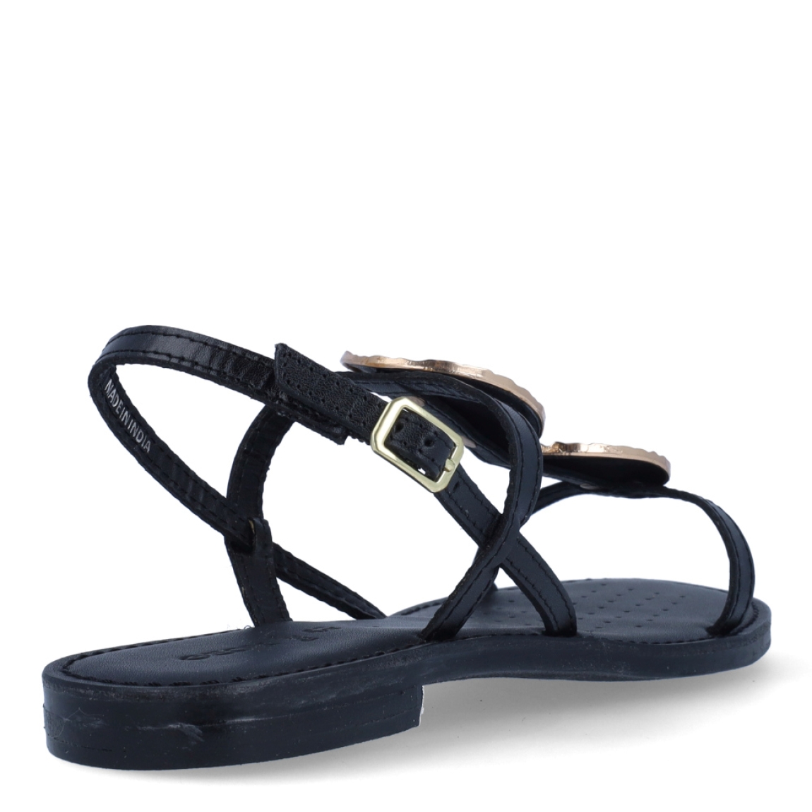 Sandalias de la marca Geox, modelo VIRGI. Exterior en piel color negro con aplicaciones de brillantes. Interior en piel color camel. Cierre de sandalias Geox con hebilla. Sandalias con suela plana. Estas sandalias Geox VIRGI son unas clásicas, que darán a tu look un estilo único!