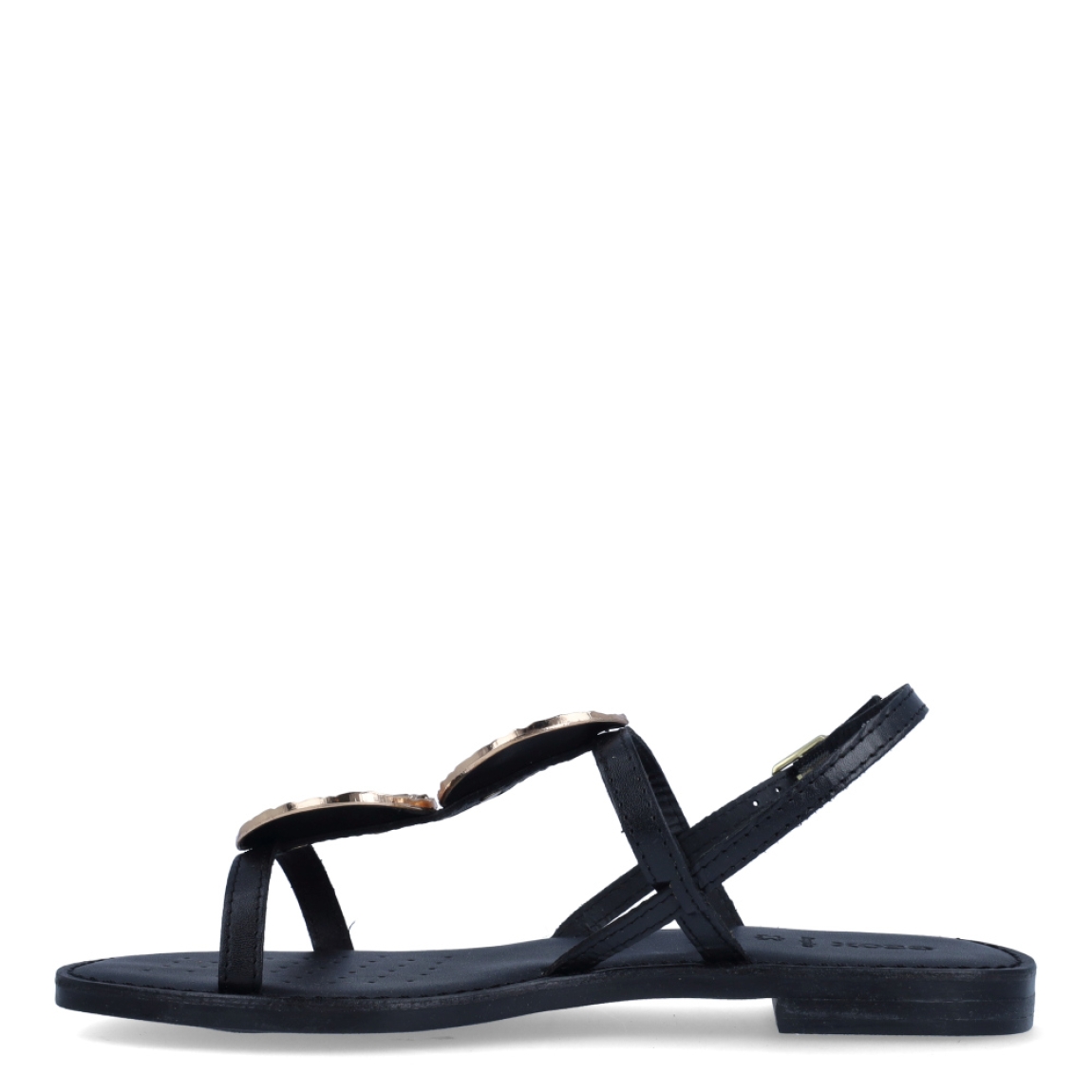Sandalias de la marca Geox, modelo VIRGI. Exterior en piel color negro con aplicaciones de brillantes. Interior en piel color camel. Cierre de sandalias Geox con hebilla. Sandalias con suela plana. Estas sandalias Geox VIRGI son unas clásicas, que darán a tu look un estilo único!