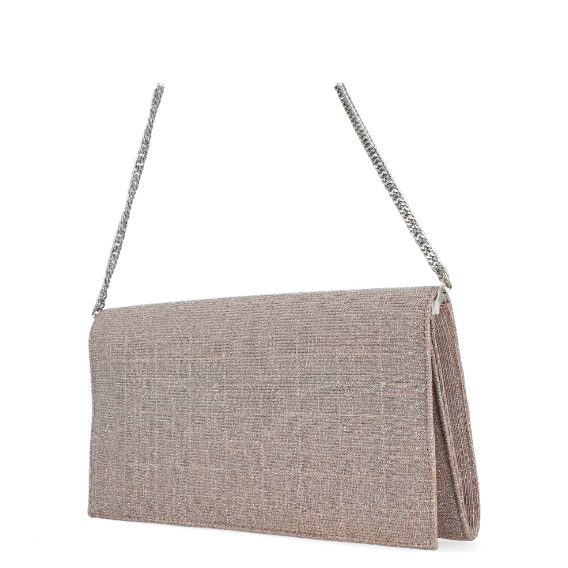 Bolso tipo cartera glitter de la marca Munné, modelo Candela. Exterior de la cartera de piel de color nude y glitter. Bolso con solapa tipo sobre con cierre de botón metálico. Medidas de 26 cm x 14 cm x 2,5 cm. El bolso tipo cartera de fiesta contine una cadena corta en el interior para colgar, y dispone de bolsillo interior con cremallera. Ideal para todos tus looks de fiesta!