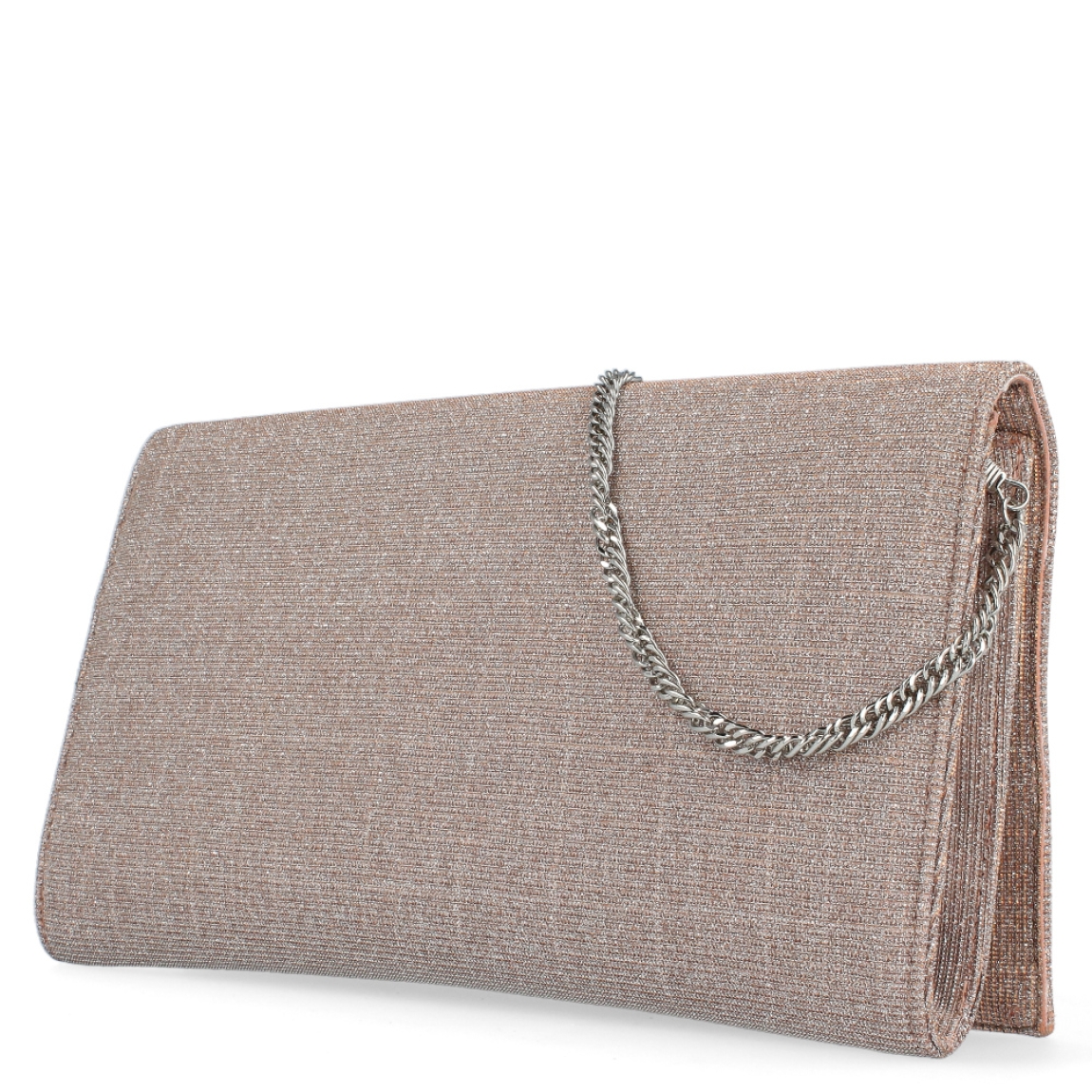 Bolso tipo cartera glitter de la marca Munné, modelo Candela. Exterior de la cartera de piel de color nude y glitter. Bolso con solapa tipo sobre con cierre de botón metálico. Medidas de 26 cm x 14 cm x 2,5 cm. El bolso tipo cartera de fiesta contine una cadena corta en el interior para colgar, y dispone de bolsillo interior con cremallera. Ideal para todos tus looks de fiesta!