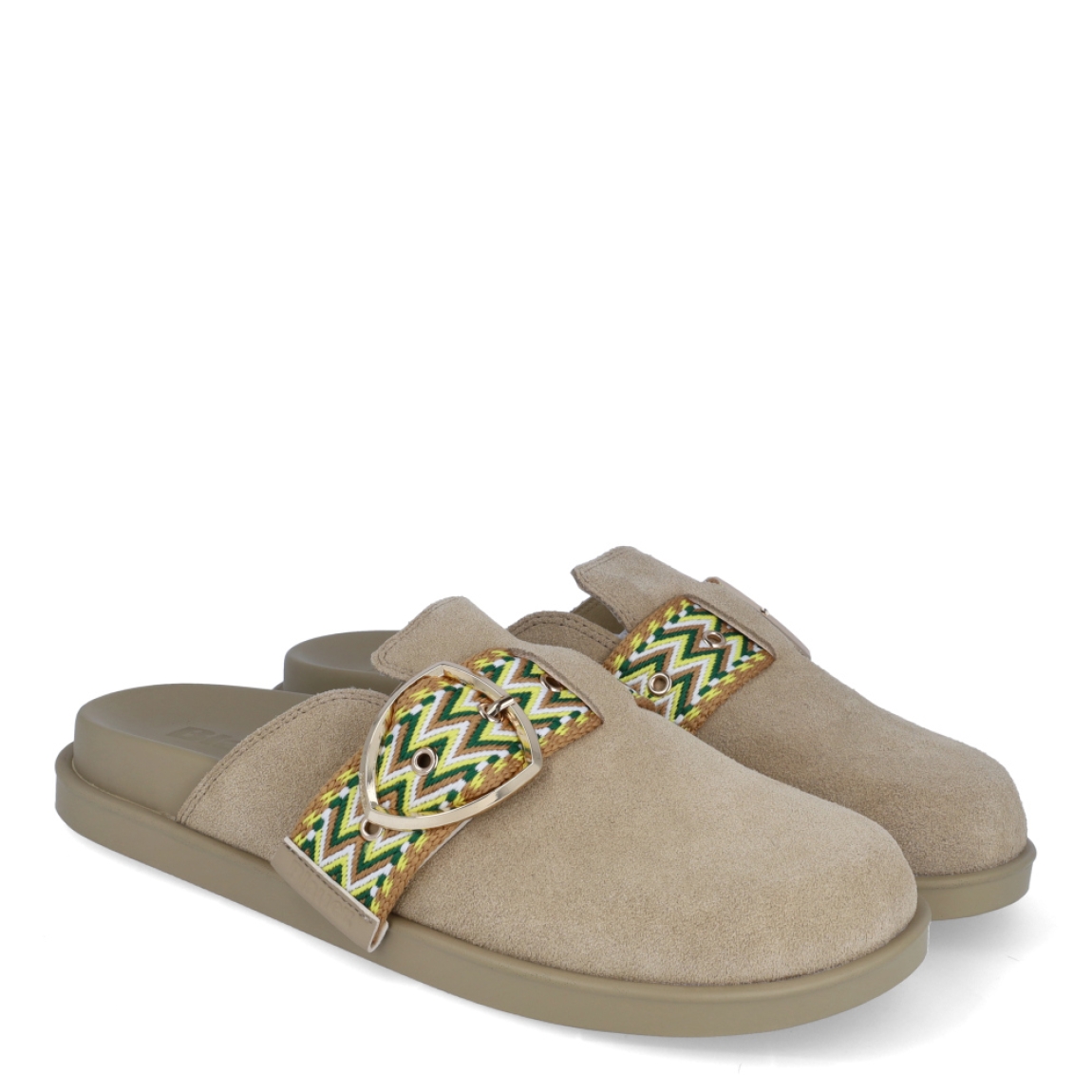 Zuecos de la marca Blauer, modelo GLADE. Exterior en ante color beig con estampado de formas multicolor destacando verde, amarillo y naranja, añadido a hebilla en la pala. Interior de los zuecos Blauer en ante color beig. Suela de goma y plana. Estos zuecos Blauer GLADE son ideales para ir a todos lados!