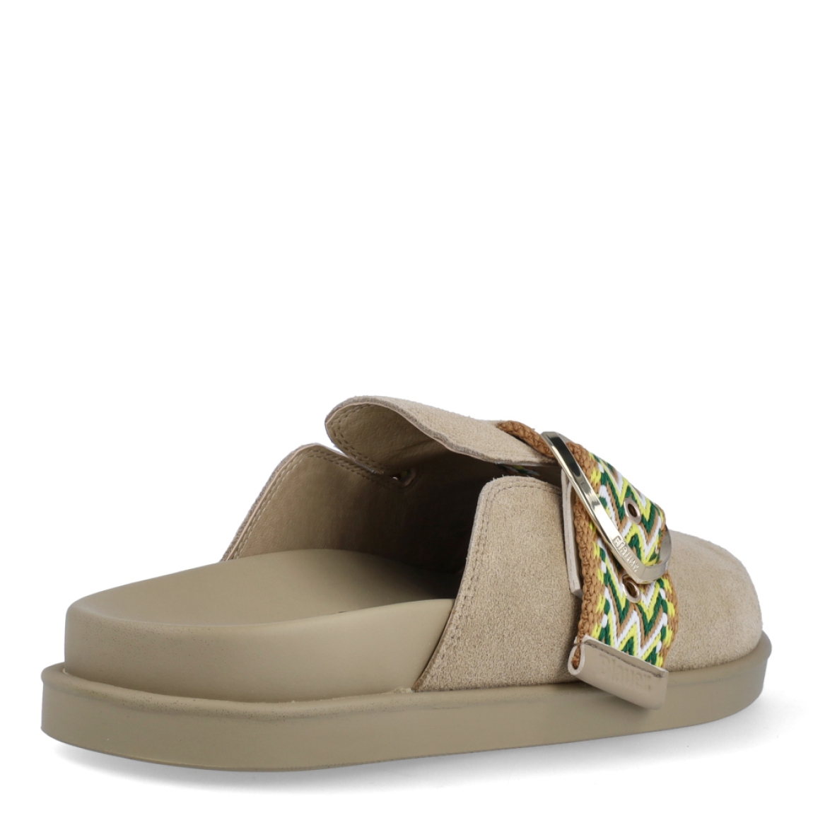 Zuecos de la marca Blauer, modelo GLADE. Exterior en ante color beig con estampado de formas multicolor destacando verde, amarillo y naranja, añadido a hebilla en la pala. Interior de los zuecos Blauer en ante color beig. Suela de goma y plana. Estos zuecos Blauer GLADE son ideales para ir a todos lados!