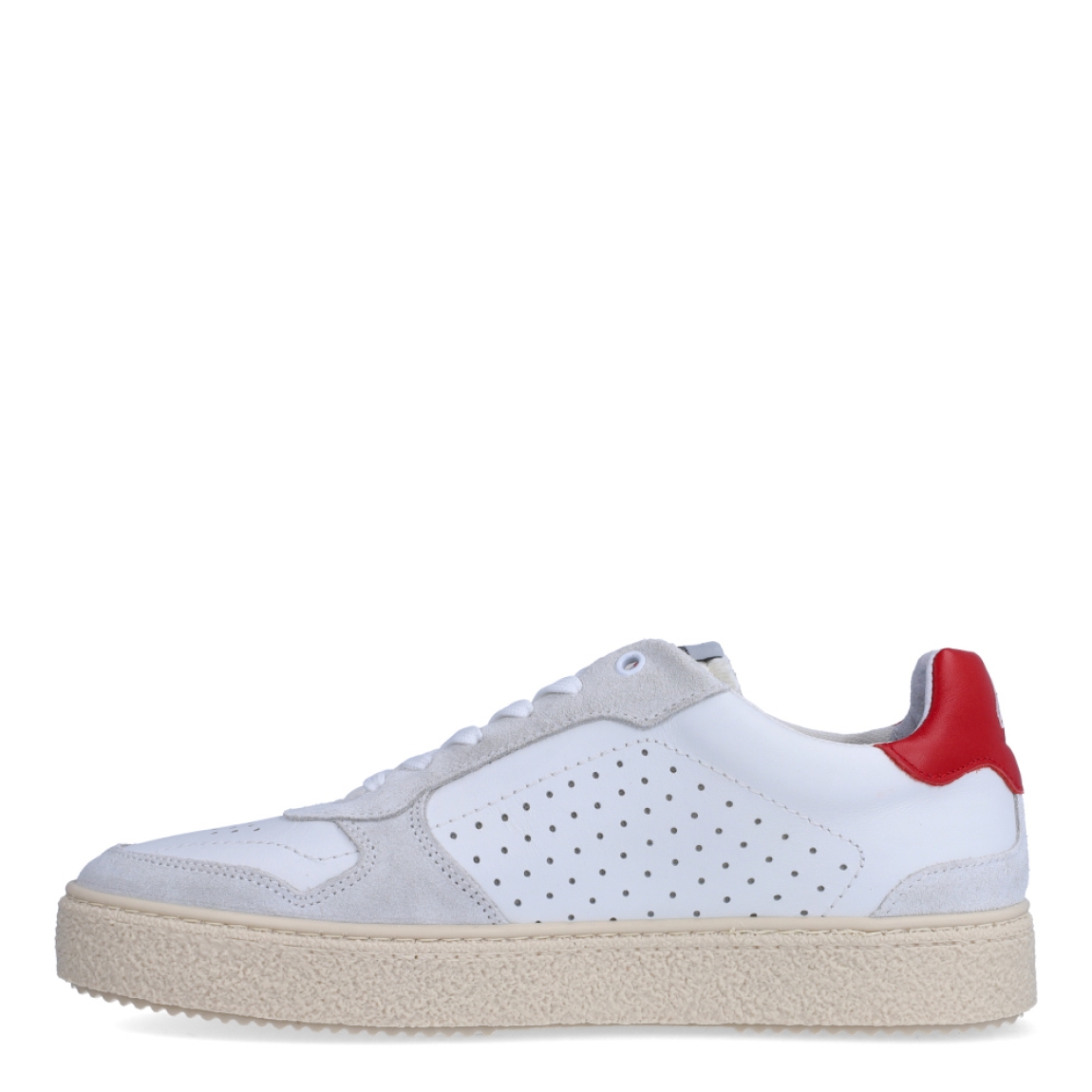 Deportiva de la marca Cruyff, modelo RONN. Exterior de la deportiva en piel con efecto troquelado color blanco con detalle en rojo y azul. Interior de la deportiva en textil de color blanco. Cierre de la deportiva con cordones. Suela de goma con 2cm de plataforma. Plantilla muy cómoda, acolchada para garantizar el máximo confort. La deportiva Cruyff RONN es una nueva y exclusiva technología de Cruyff que mejora el rendimiento gracias a una mayor amortiguación.