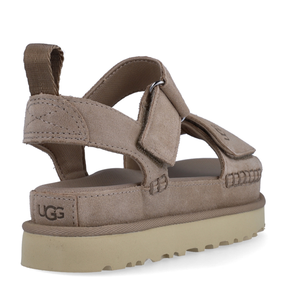 Sandalias de la marca UGG, modelo GOLDENSTAR. Exterior en ante color camel con tiras en pala. Interior en ante color camel. Cierre de sandalias UGG con doble velcro. Sandalias con plataforma dentada de 4cm de altura. Estas sandalias UGG GOLDENSTAR es un complemento ideal para tus looks de temporada!