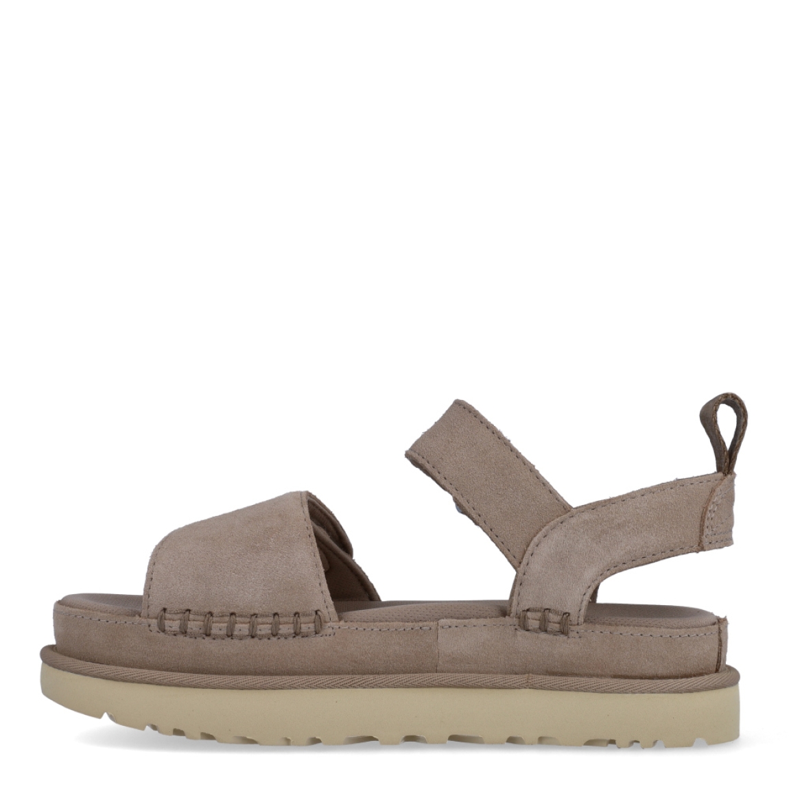Sandalias de la marca UGG, modelo GOLDENSTAR. Exterior en ante color camel con tiras en pala. Interior en ante color camel. Cierre de sandalias UGG con doble velcro. Sandalias con plataforma dentada de 4cm de altura. Estas sandalias UGG GOLDENSTAR es un complemento ideal para tus looks de temporada!