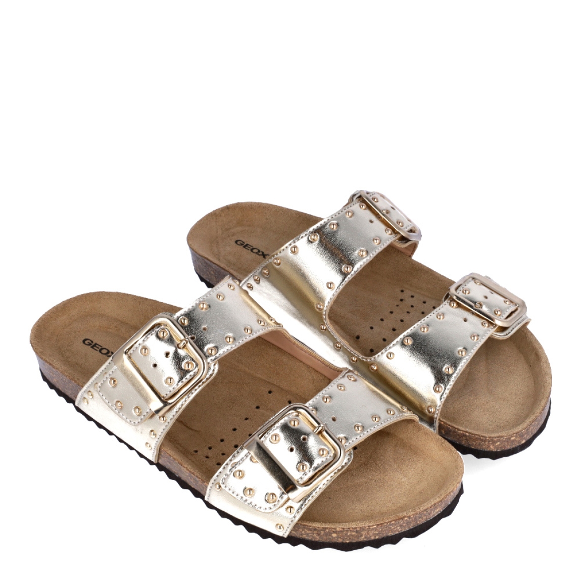 Sandalia para mujer de la marca Geox modelo BRIONIA. Elaborada en piel color oro con detalle de tachuelas, de estilo diario, que garantiza confort y transpirabilidad durante todo el día. Cierre con doble hebilla en pala. Este modelo, cuenta con una empella de suave gamuza. Ideal para la ciudad, BRIONIA está pensada para añadir un toque moderno a los looks de verano.