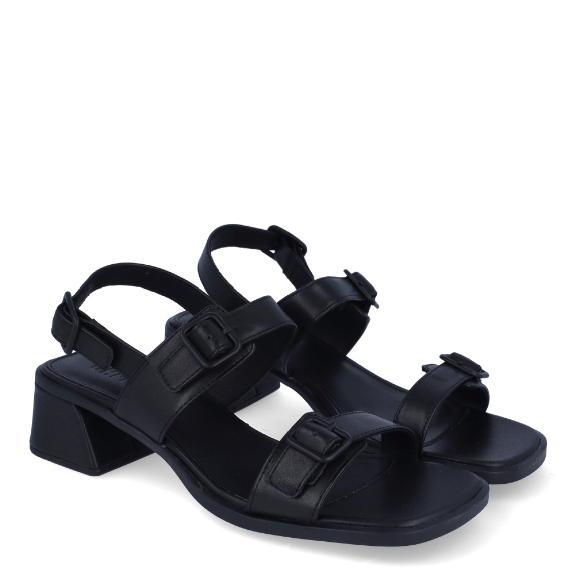 Sandalias de la marca Camper, modelo ZULE. Exterior en piel color negro y doble hebilla en pala. Interior en piel color negro. Cierre con hebillas, en pala y tobillo. Sandalias Camper con tacón de 4cm de altura. Estas sandalias Camper ZULE son unas clásicas, ideales para diferentes looks!