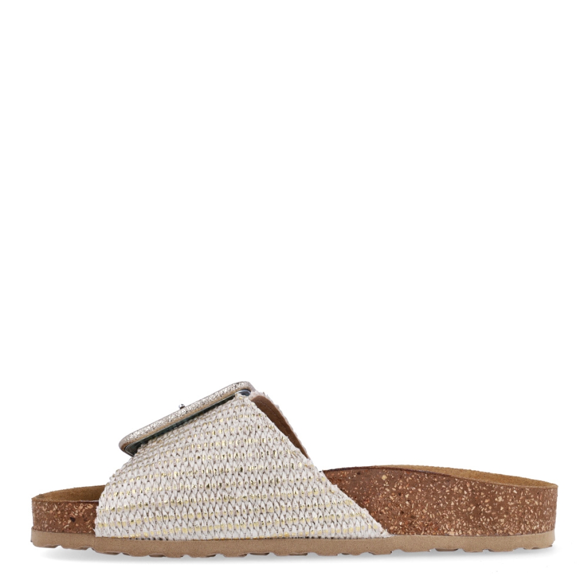 Chanclas de la marca Itse, modelo JULIET. Exterior en piel trenzada color beig con efecto brillante y hebilla grande en pala. Interior en piel color camel. Suela corcho de forma plana. Estas chanclas Itse JULIET son ideales para esta temporada!