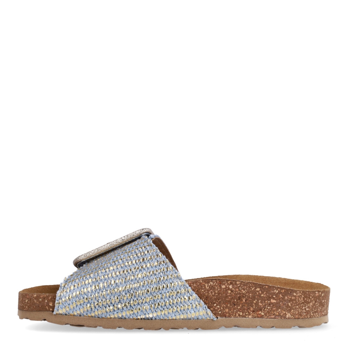 Chanclas de la marca Itse, modelo JULIET. Exterior en piel trenzada color azul con efecto brillante y hebilla grande en pala. Interior en piel color camel. Suela corcho de forma plana. Estas chanclas Itse JULIET son ideales para esta temporada!